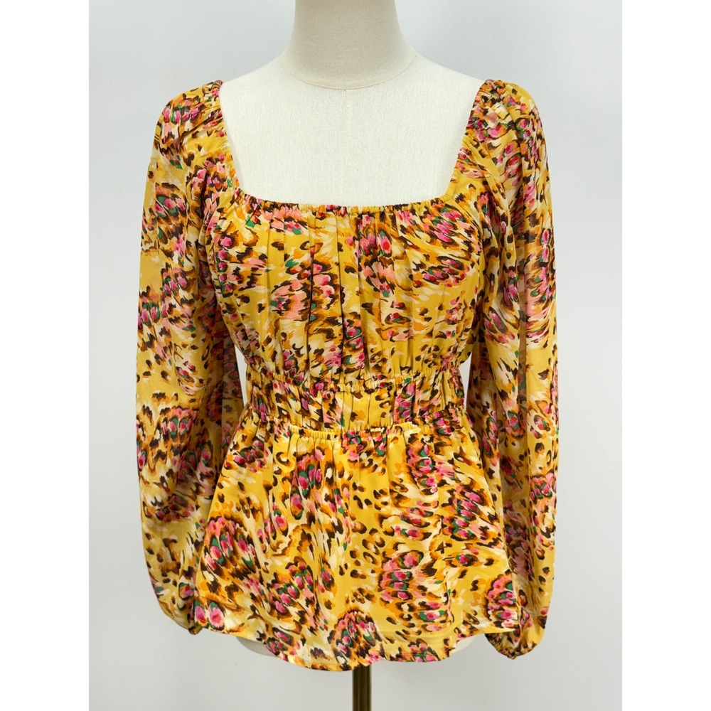 DR2 by Daniel Rainn Yellow floral Print Smocked Peplum Blouse DR24256PG1 Small